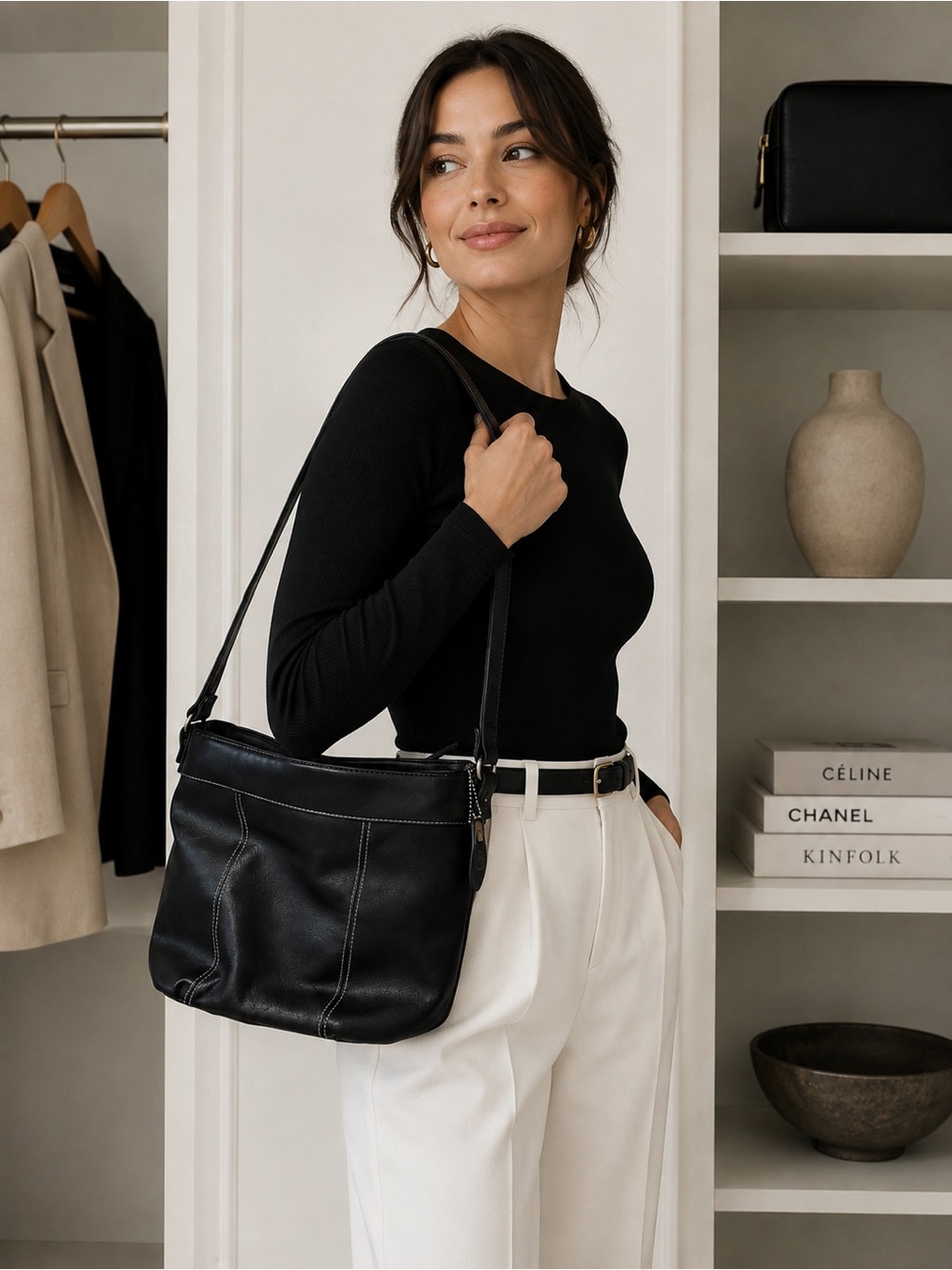 EUC Genuine Leather Black Shoulder Bag Purse Classic Everyday Style